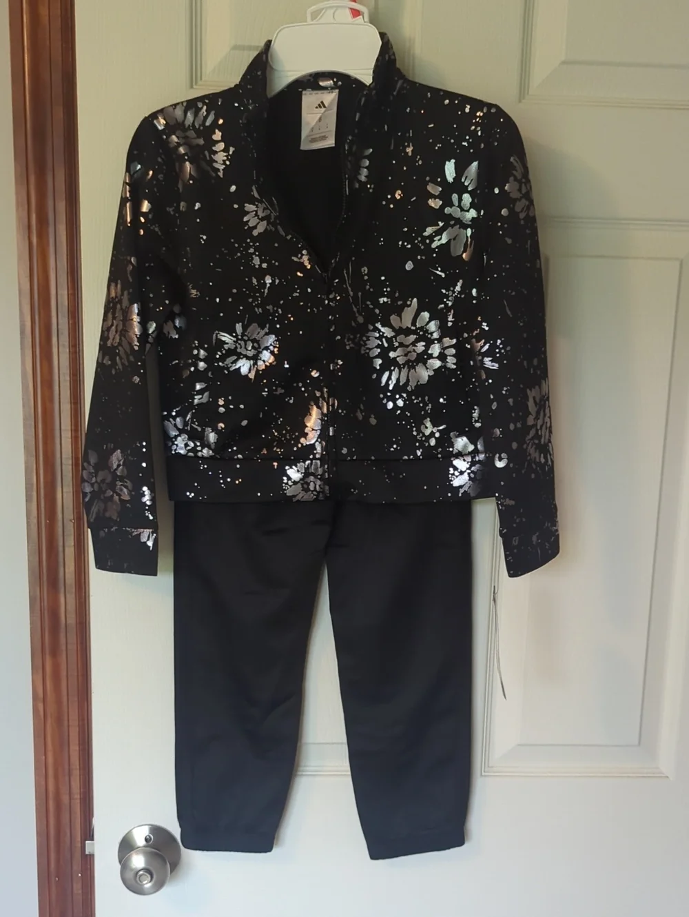 adidas Girls Black Metallic Floral Track Jacket and Pants Set
